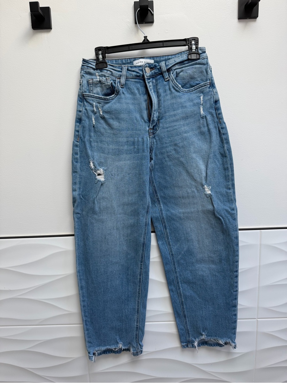 Flying Monkey Distressed Boyfriend Jeans — Light Blue Wash